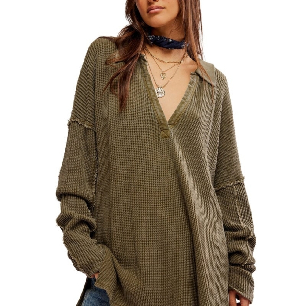Free People Olive Waffle Knit V-Neck Tunic
